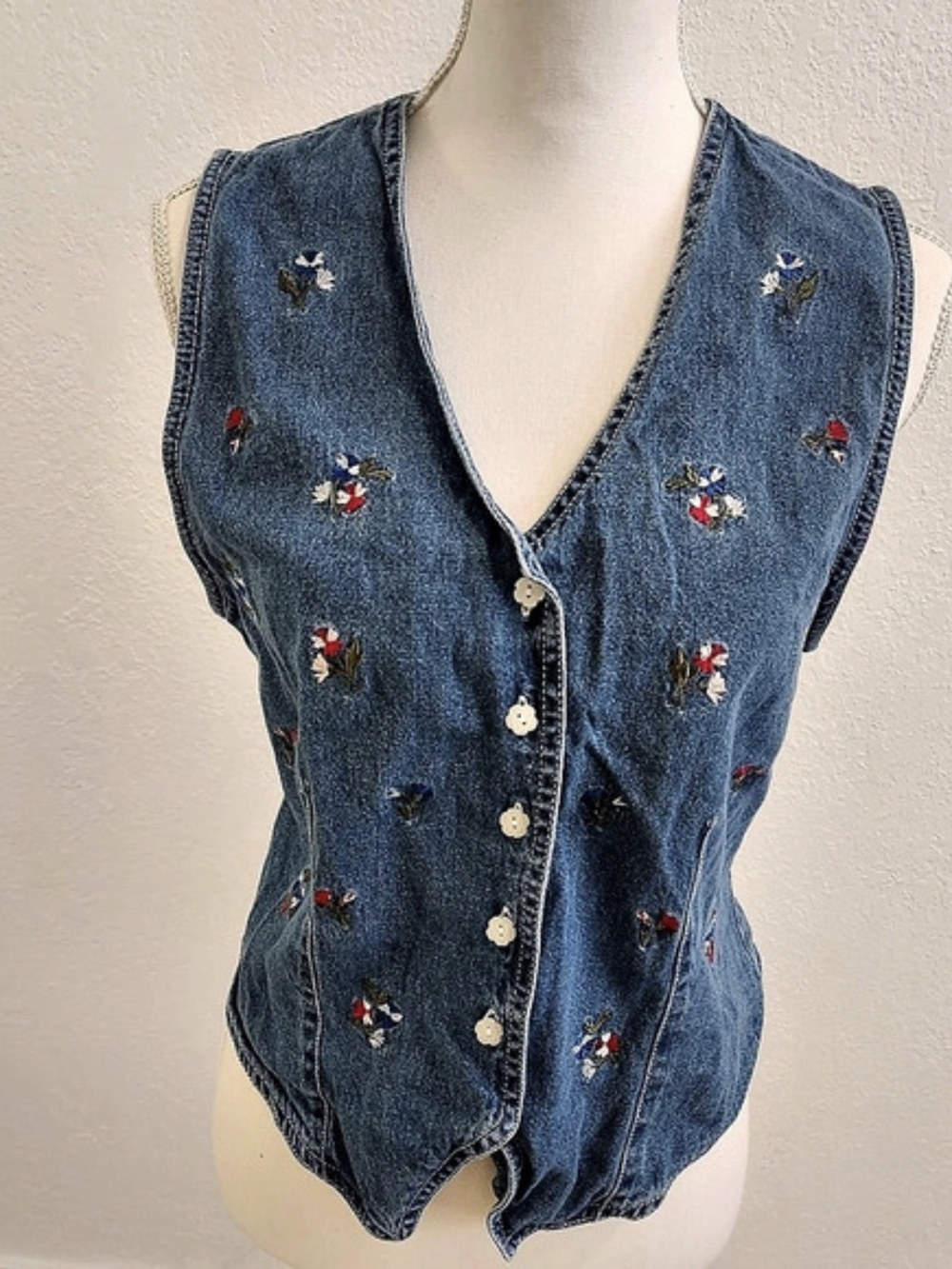 Erika Classics Vtg  Floral Denim Vest Blue Size Small Like New